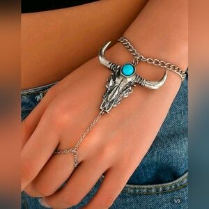 Silver and Turquoise Bull Skull Hand Chain Bracelet Ring